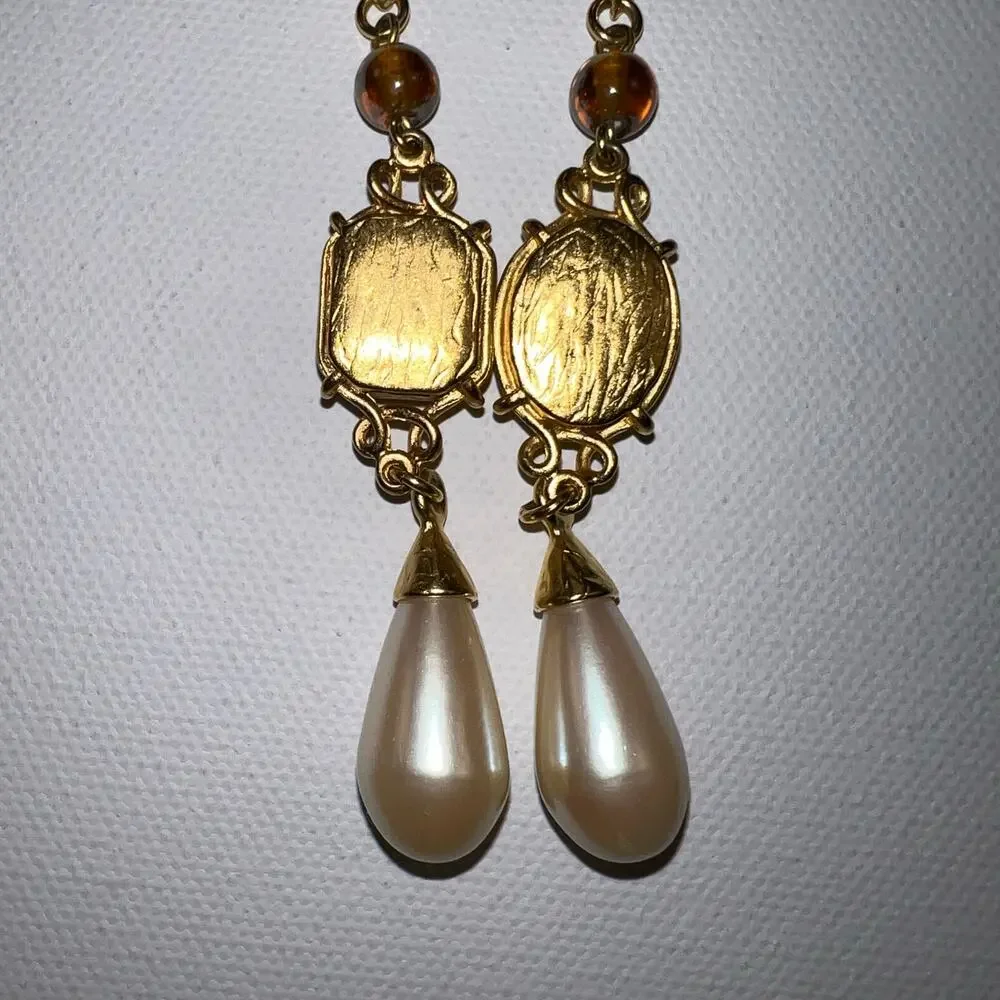Vintage Gold Tone Lariat Necklace & Clip-On Earring Set Brown Stone Faux Pearl